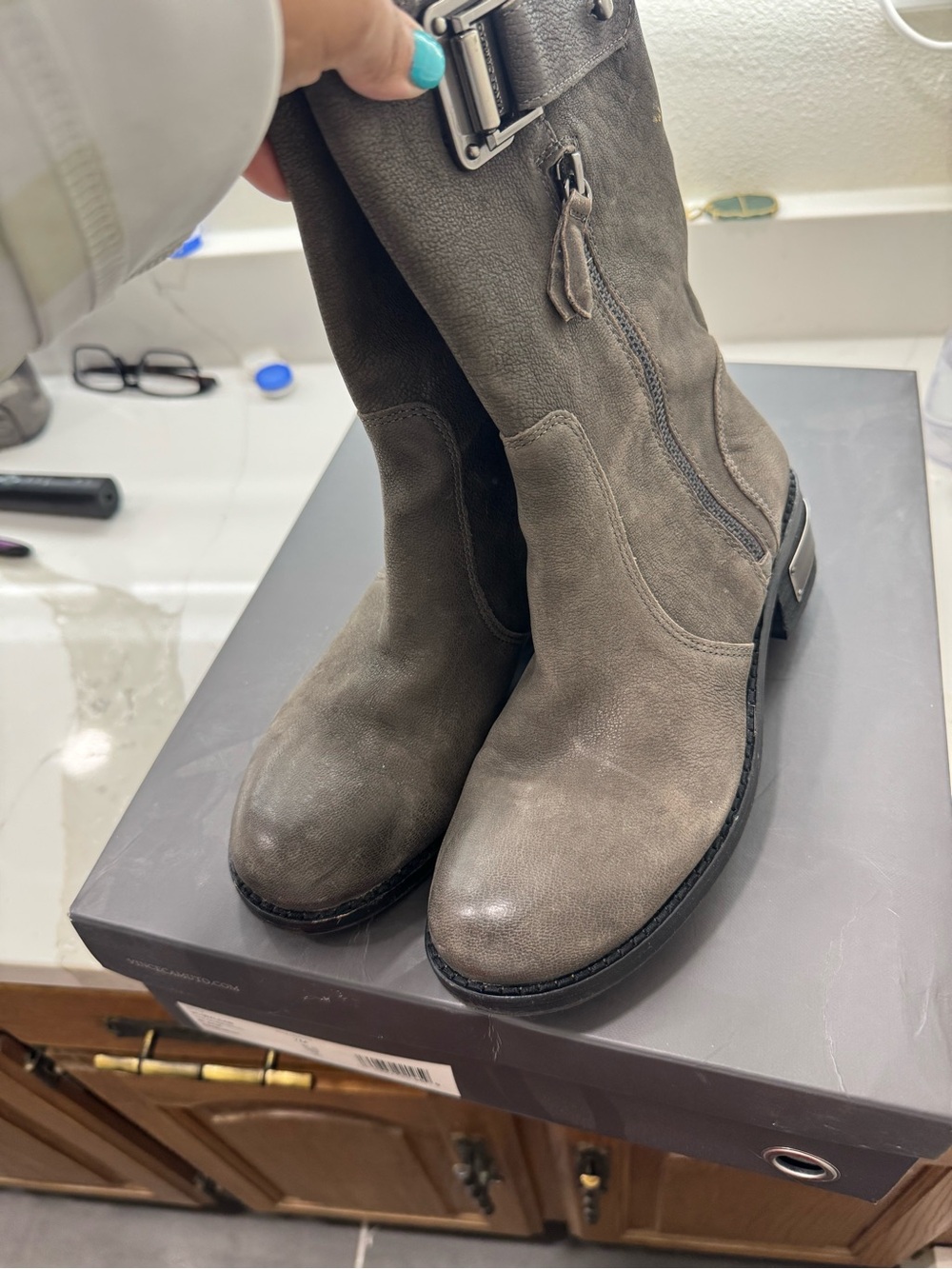 Vince Camuto Gray Suede Mid-Calf Buckle Boots